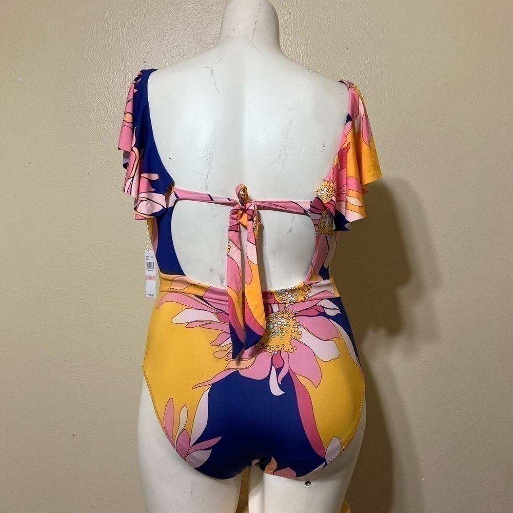 TRINA TURK ruffle shoulder floral one piece swimsuit “breeze ruffle” 14 nwt - Picture 2 of 12